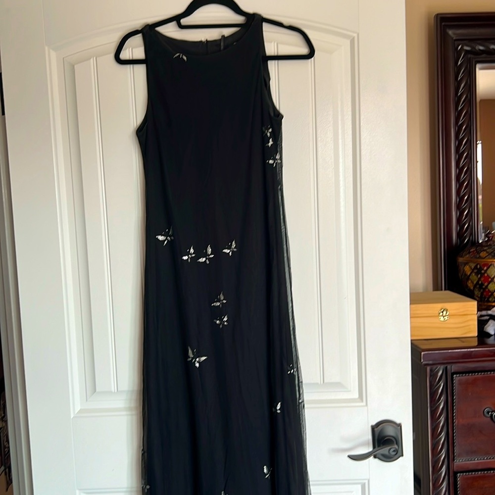 Dark black silver glittery butterfly print dress evening dress long
